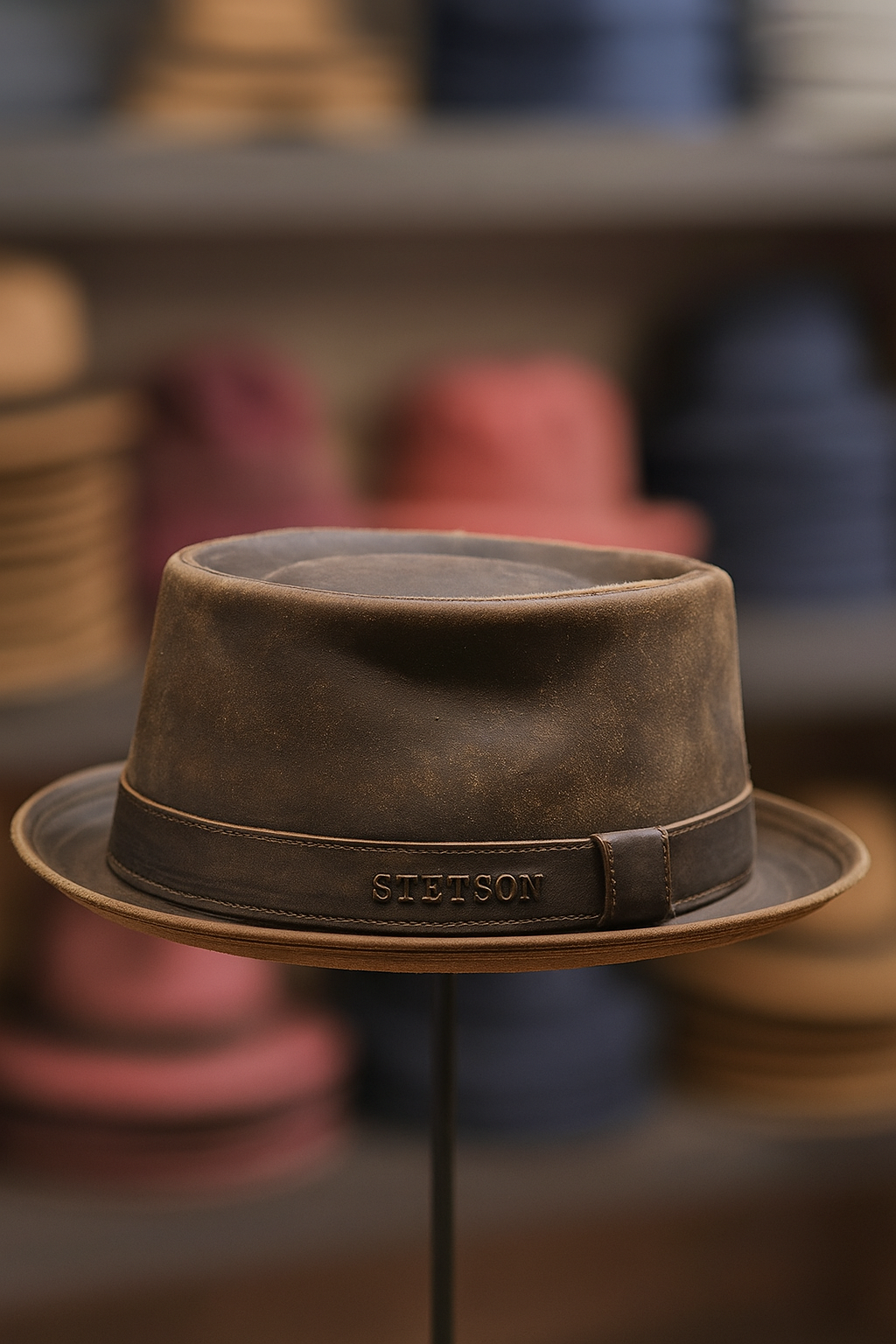 Chapeau Stetson Pork Pie Cuir Brun